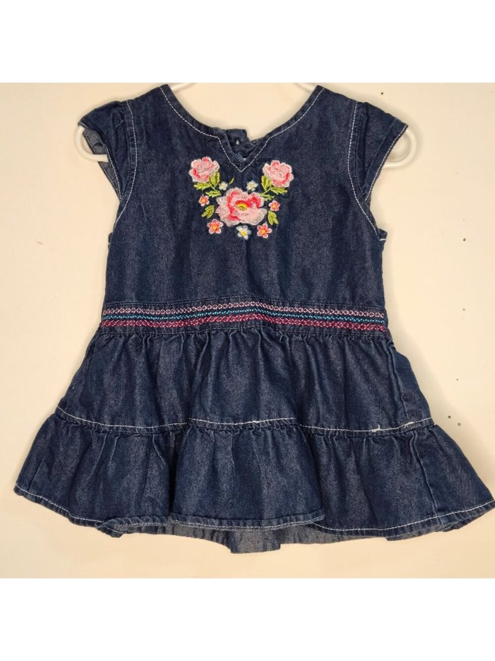 Denim Tiered Dress With Floral Embroidery & Button Closure - Toddler Girls